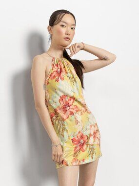 HALTER SUN DRESS Summer Floral Tropical Hawaii Mini Comrags Designer / Small Xs